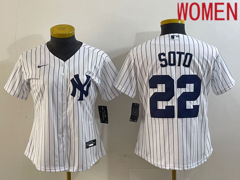 Women New York Yankees #22 Soto White stripe Game Nike 2023 MLB Jersey style 1
